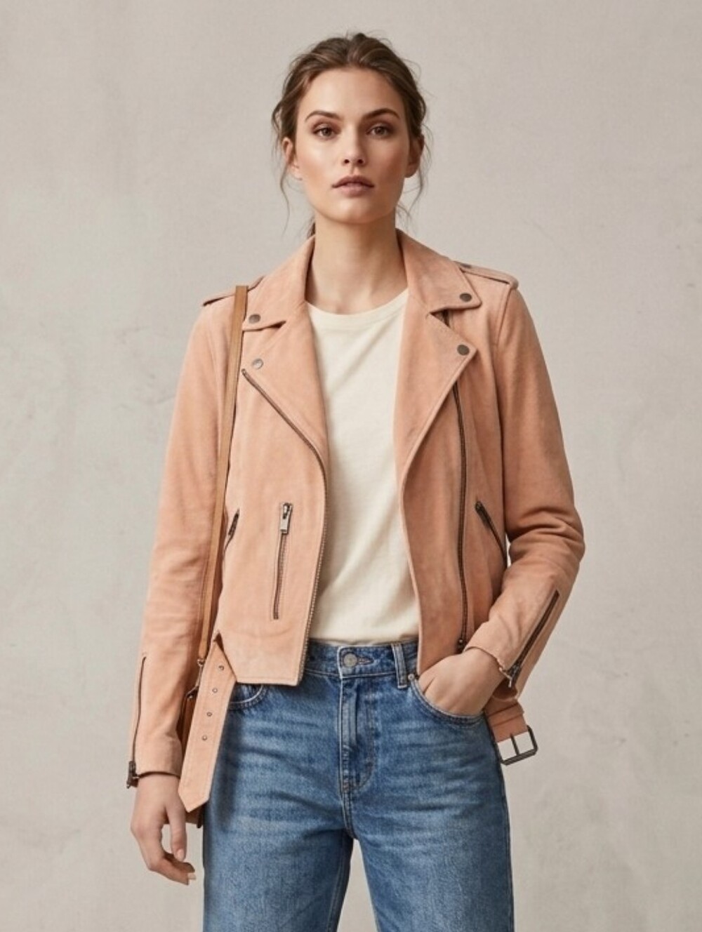 Selected Femme Sanella Suede Leather Biker Jacket Pale Peach Color NWT